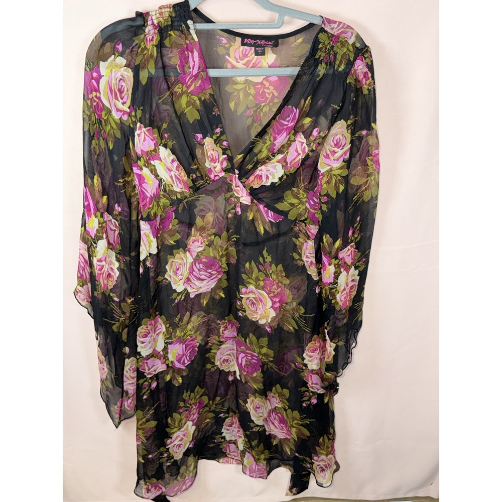 Vintage Betsey Johnson Dress 4 Black Pink Floral Sheer LS Ruffle Mini/need Slip